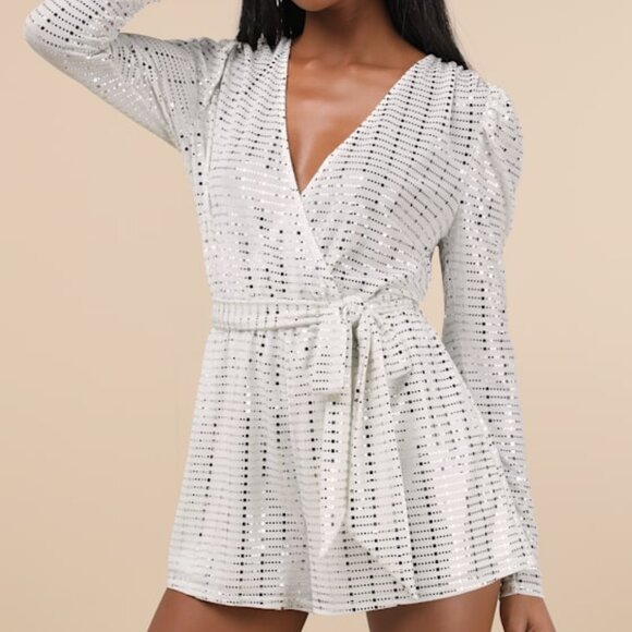 Lulus Bettie White Metallic Long Sleeve Romper - Size S - Picture 1 of 1